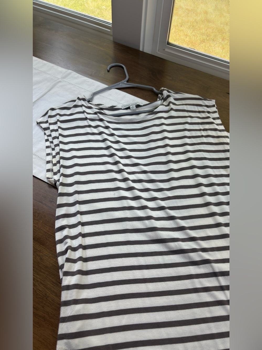Green Envelope White and Gray Striped Short Sleeve Tee - Modern Breton